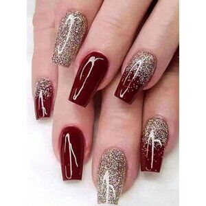 Red & Gold Glitter Long Square Press-On Nails Luxury Ballet Coffin Style, Glossy